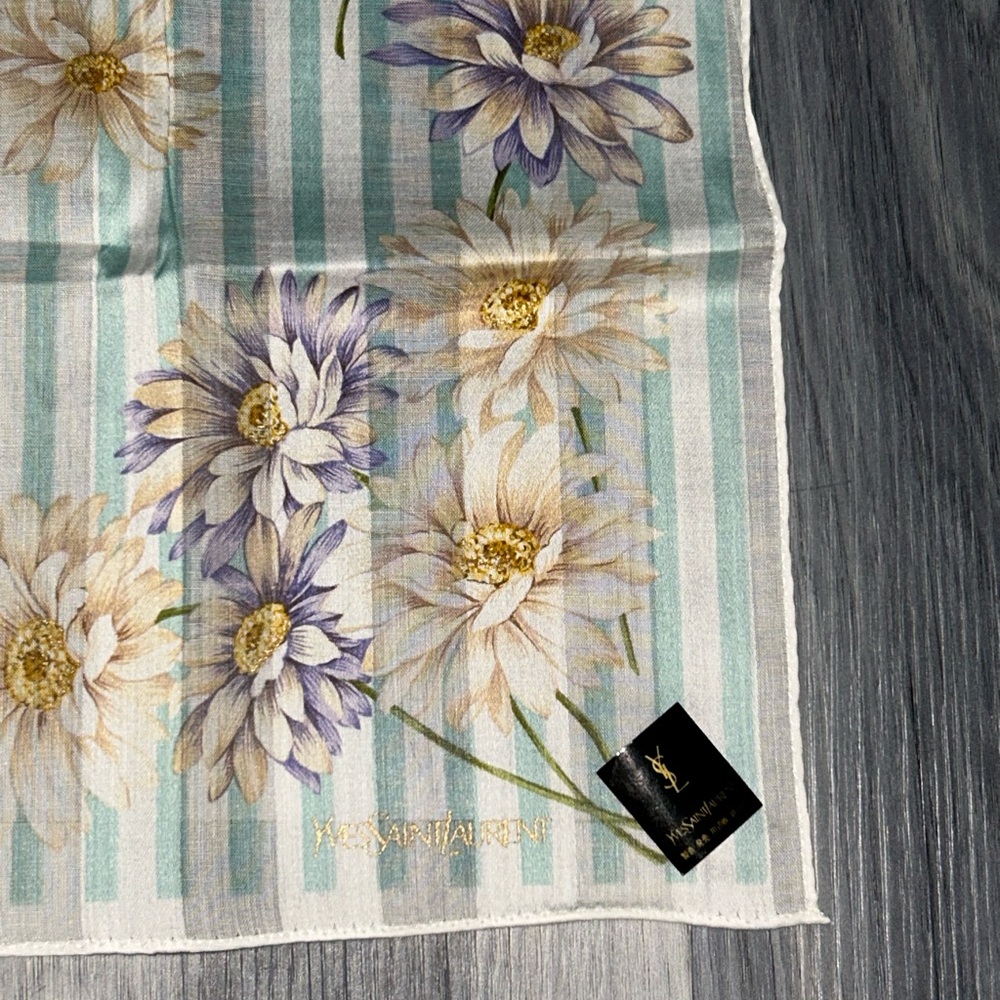 Yves Saint Laurent Vintage Mint & White Striped Floral Cotton Handkerchief Scarf - Picture 4 of 12
